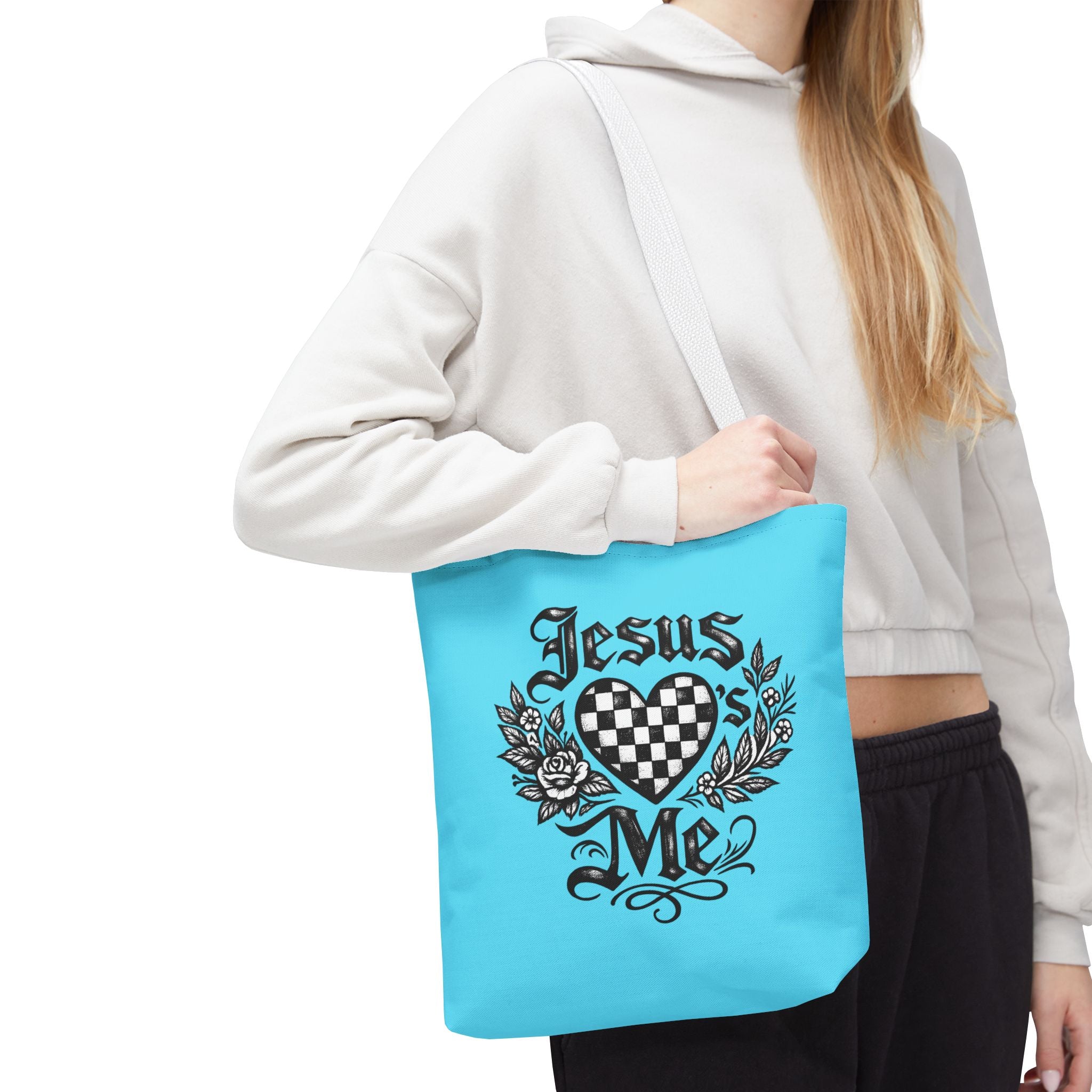 Religious Tote Bag — "Jesus Loves Me" Checkerboard Heart Design
