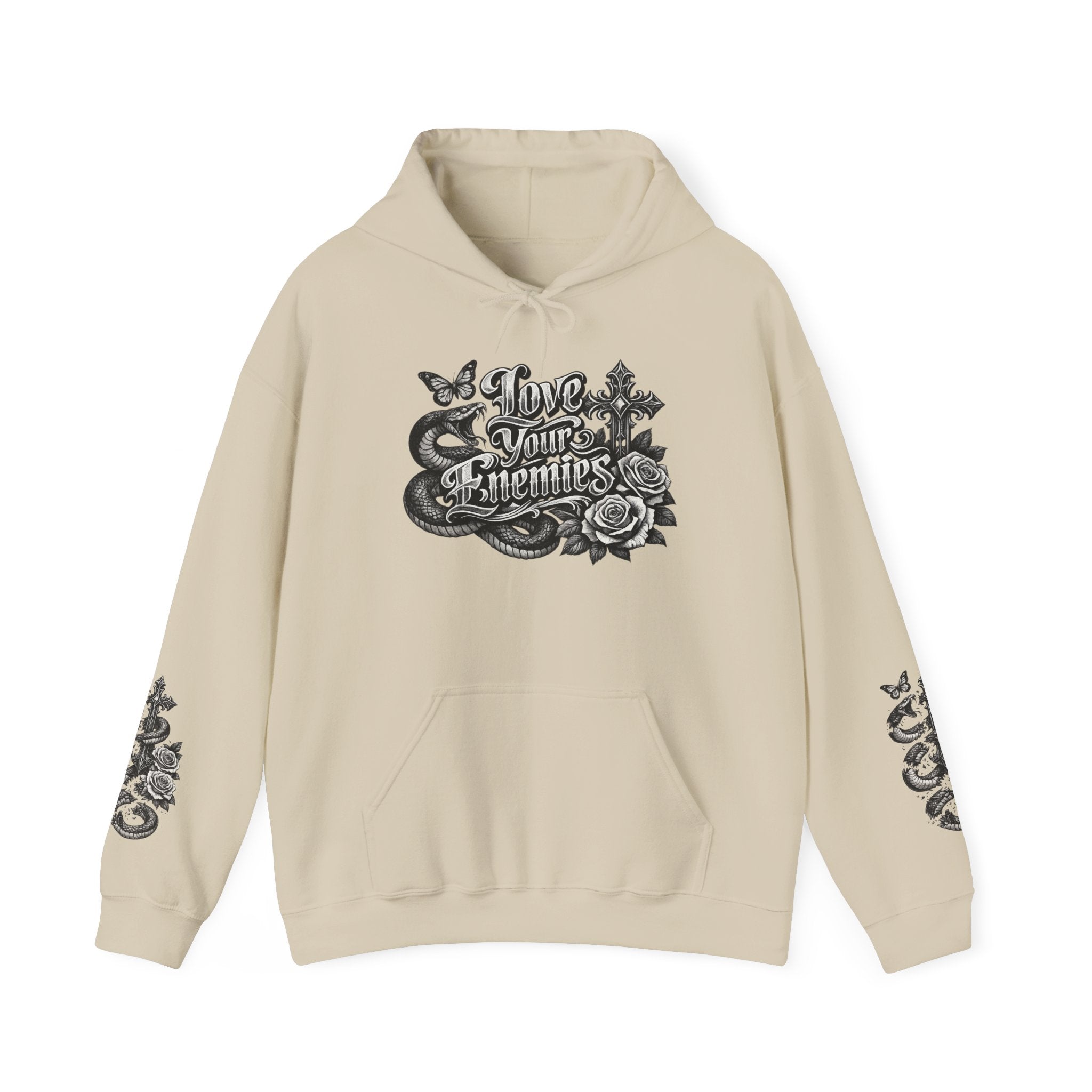 Love Your Enemies Ornate Gothic Cross Rose Serpent Hoodie
