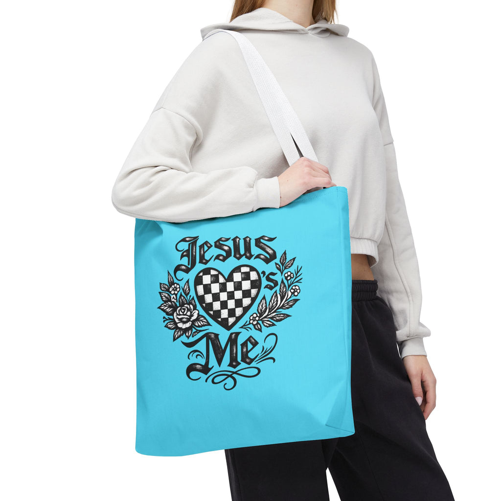 Religious Tote Bag — "Jesus Loves Me" Checkerboard Heart Design