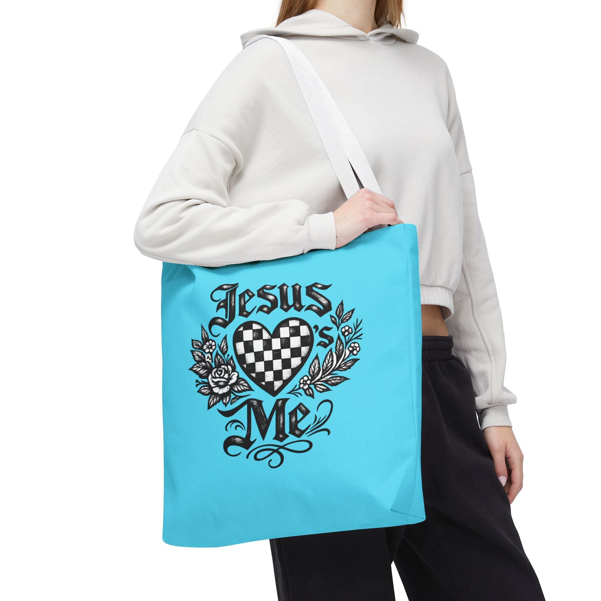 Religious Tote Bag — "Jesus Loves Me" Checkerboard Heart Design