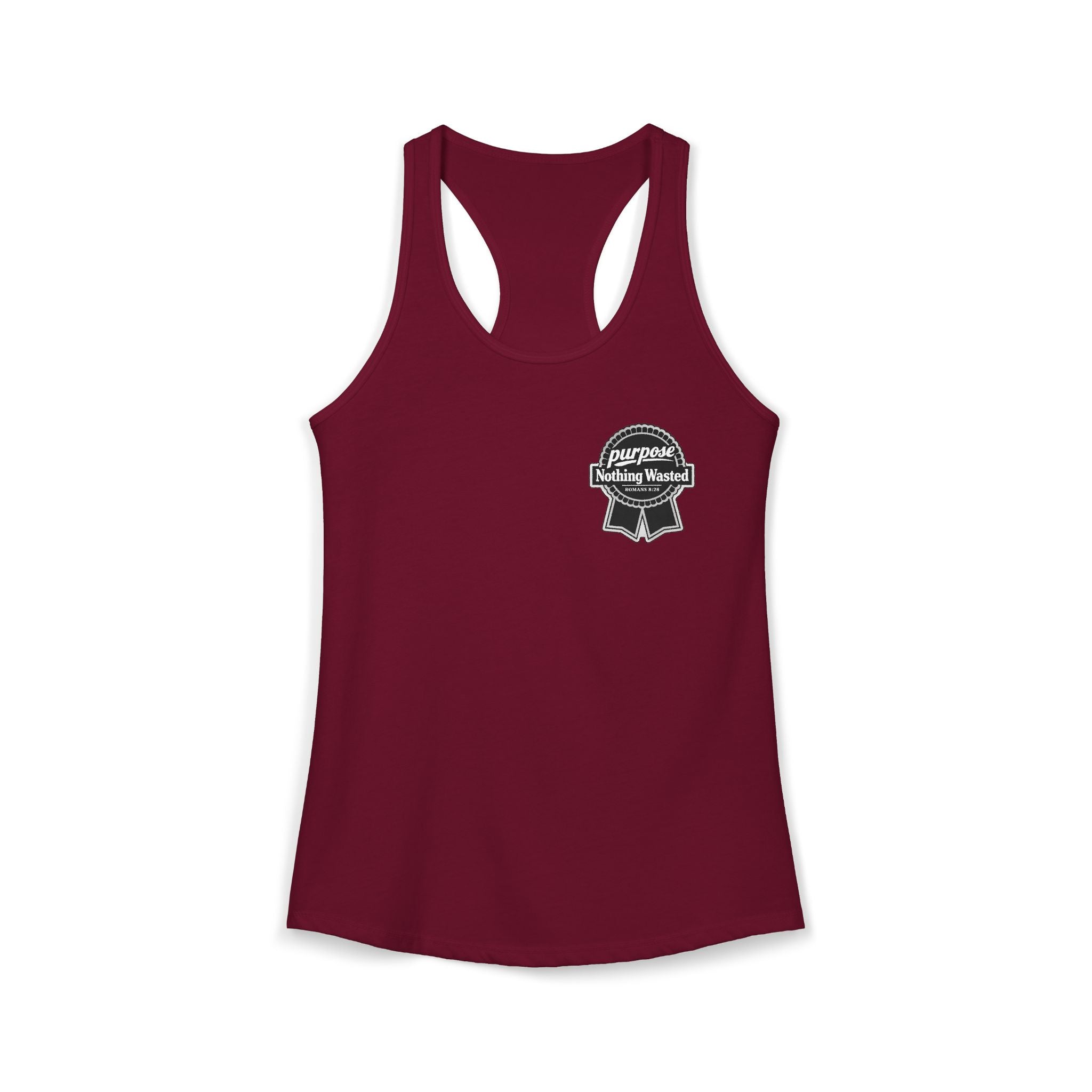 Christian Faith Script Racerback Tank — Purpose "Nothing Wasted" Badge Design