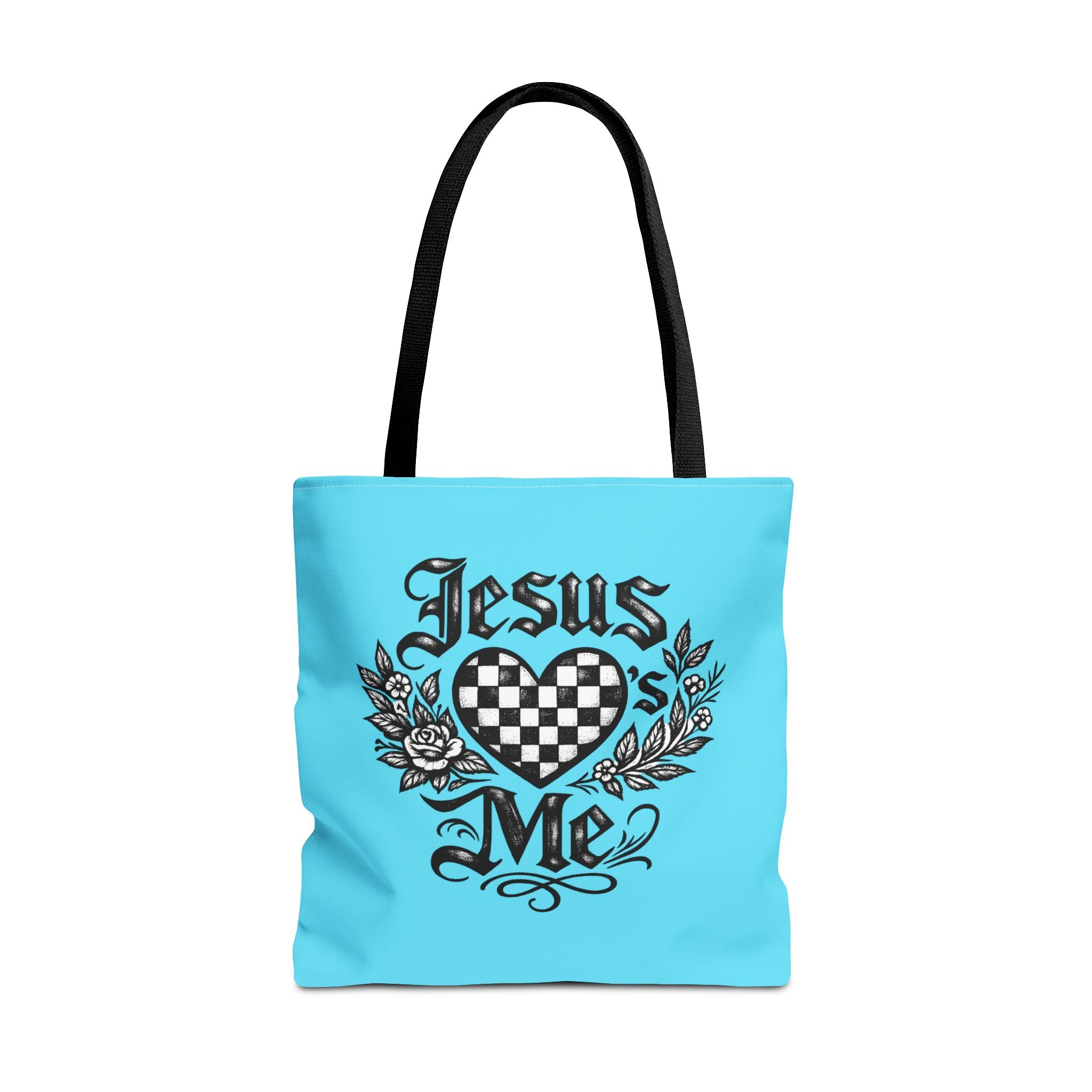 Religious Tote Bag — "Jesus Loves Me" Checkerboard Heart Design