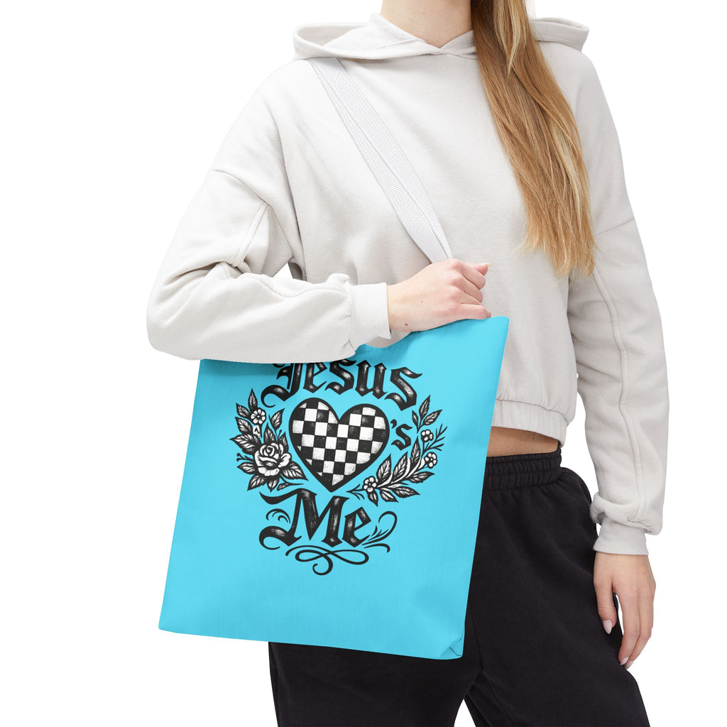 Religious Tote Bag — "Jesus Loves Me" Checkerboard Heart Design